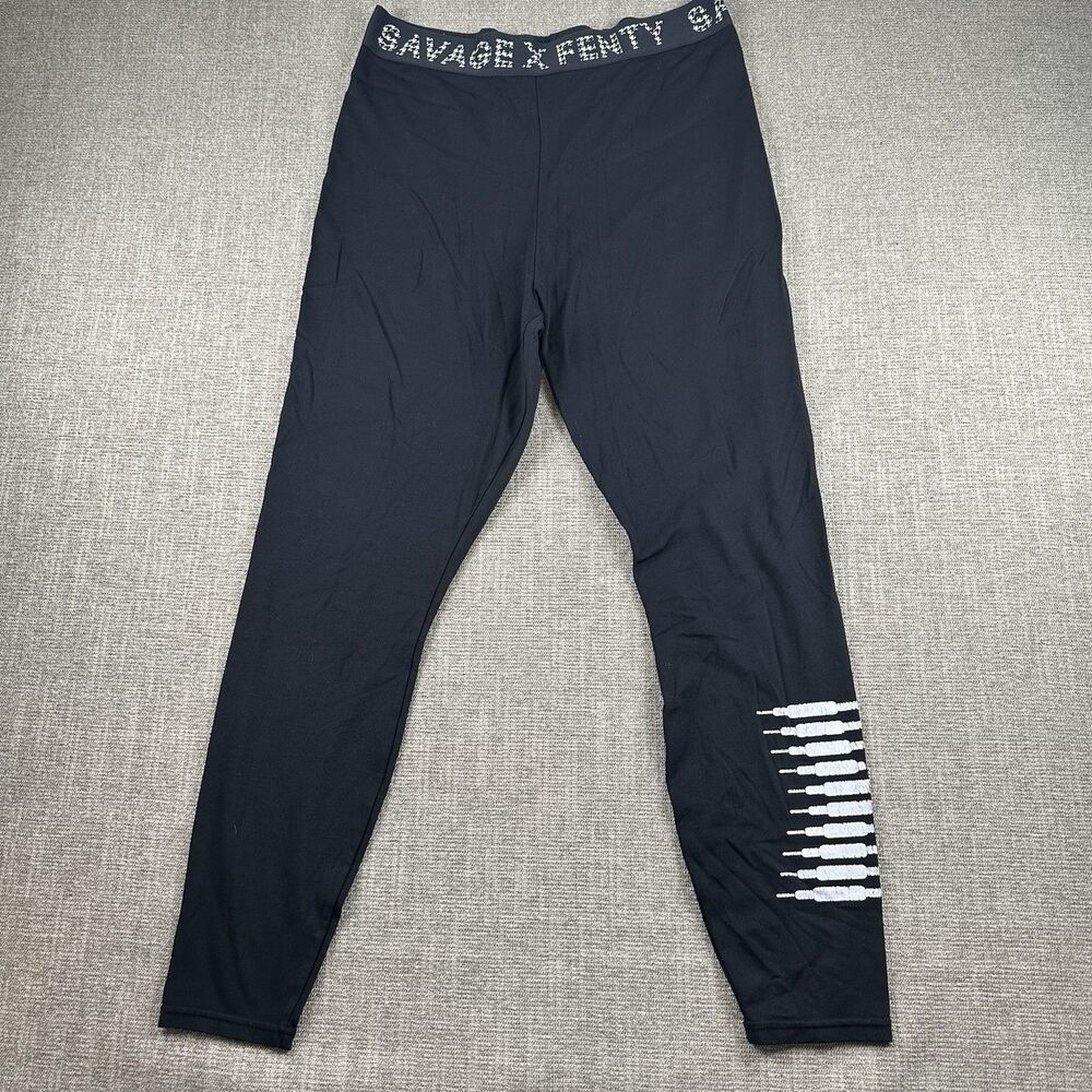 Savage X Fenty Forever Savage Jersey Leggings Black Graphic Logo Band Large L